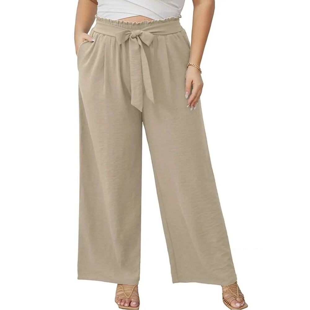 Showmall Beige Paperbag Waist Tie Wide Leg Casual Elastic Pants Women’s 3X NEW
